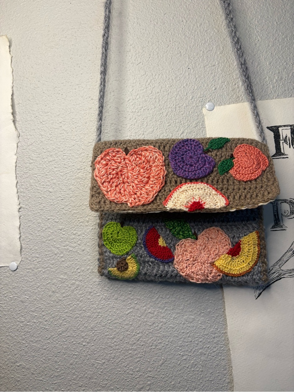 handmade stone-fruit motif crocheted crossbody bag